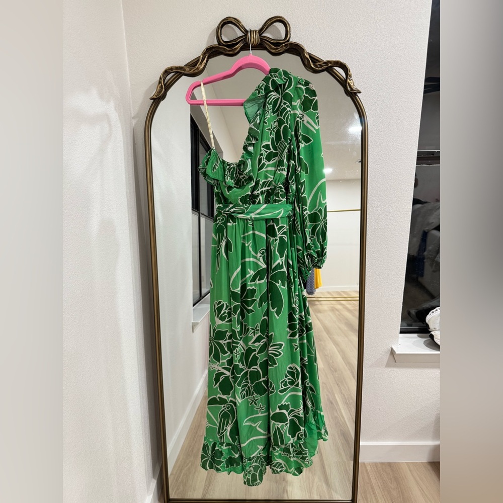Farm Rio x Anthropologie Printed One-Shoulder Green Floral Ruffle Dress - Picture 8 of 9